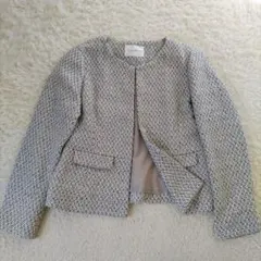 クチュールブローチ　ノーカラーツイードジャケット　アイボリー　M