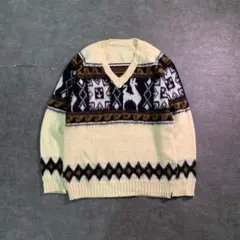 6TAS1【ノルディック】Ｖネック　ニット　セーター　アニマル柄　古着