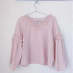 mystic フリンジ付きピンク長袖ブラウス