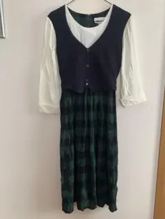 レトロ チェック ワンピース 薄手 緑