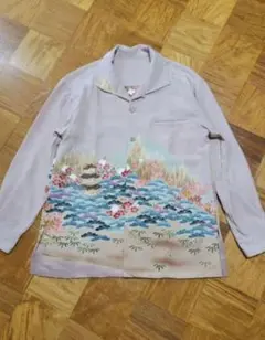 め0322着物リメイク正絹古布色留袖風景イタリアンカラーアロハシャツハンドメイド