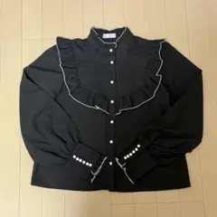 Areeam　配色フリルブラウス　ブラックのサムネイル