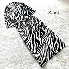 F2【ザラ】シャツワンピース　七分丈袖　ゼブラ柄　ベルト　深Vネック　リネン