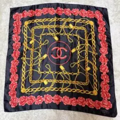 フランス製 絹100% CHANEL シャネル 大判シルクスカーフ 赤ゴールド