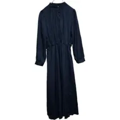 W-133 【美品】ノーカラーシャツワンピース モノトーン ロングワンピース