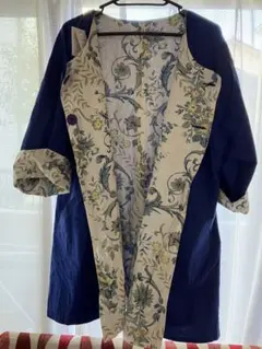 新品タグ付未使用インドコットン2wayネイビー エレガント柄春コート 花柄裏地