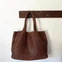 メッシュ トートバッグ 石畳み編み 革 編み込み かごバッグ 肩掛け レザーのサムネイル