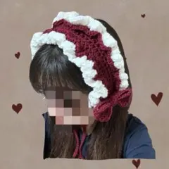 編み物 かぎ針編み ヘッドドレス フリル リボン 赤 白