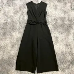 オールインワン　ノースリーブ　Vネック　ワイド　カシュクールデザイン　黒(S)