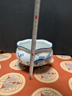 三本足 陶器製 金魚鉢めだか鉢 金魚・水草模様 和 レトロアンティーク 