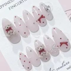 現品ネイルチップ୨୧おすわりくまちゃん×リボン♡量産型ワンホン韓国スナ系NO.6