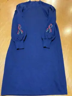 リボン刺繍 ネイビー ニットワンピース