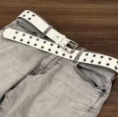 新品未使用 スタッズベルト ホワイト ダブルピン PUレザー Y2K スケーター