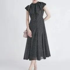 高級感✨セルフォード ロングワンピース Aライン 黒 リボン 36 春夏 総柄