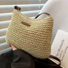 かごバッグ　ストロー　ショルダー　バッグ　軽量 　韓国風　肩掛け　ナチュラル　夏