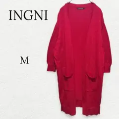 1021【イング】ロングニットカーディガン 7分袖 ポケット 赤 M 派手色