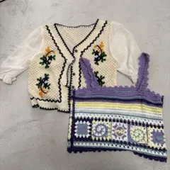 花柄刺繍付きシフォン袖ニットベスト