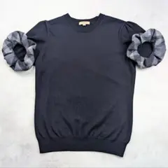 バーバリーロンドン 半袖ニット ネイビー ボリュームスリーブ チェック ウール