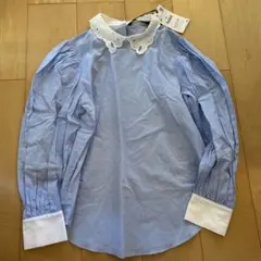 新品未使用●ZARA水色 レース付き襟 長袖シャツ Mサイズ