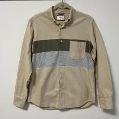 ikka 長袖シャツ パッチワーク　ストライプ　ベージュ/オリーブ