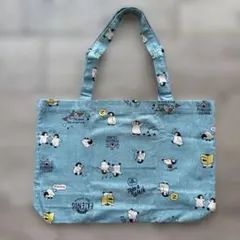 レッスンバック　ハンドメイド　入園入学セット　大きめ　裏地なし　水色　ペンギン