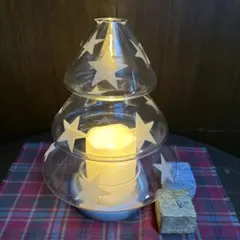 クリスマスツリー型高さ26センチ ガラス製 星のキャンドルホルダー キャンドル付