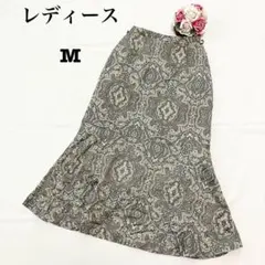 レディース　ロングフレアスカート　マーメイド　グリーン　総柄　M ウエストゴム