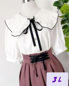 でかっ襟フリル仕様＆リボン付きパールボタン×白☆半袖・ブラウス【3L】