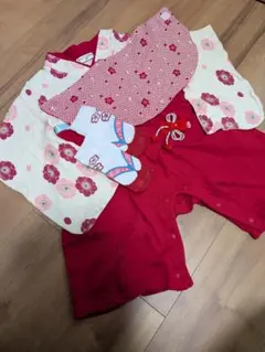 【4点セット】誕生日 ひな祭り 袴 ロンパース スタイ 靴下 髪飾り 80