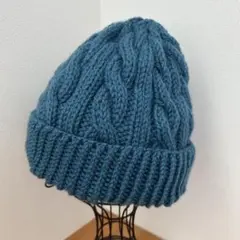 ハンドメイド　ニット帽　エメラルドグリーン　ニットキャップ　ウール100%
