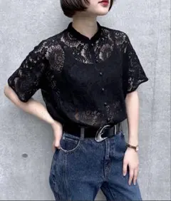 美品　PAGEBOY レースバンドカラーシャツ　ブラック