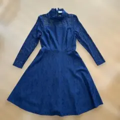 ネイビー レース ハイネック パーティードレス