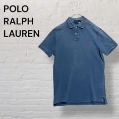 POLO ラルフローレン 半袖ポロシャツ M 青 赤ポニー 刺繍ロゴ古着フェード