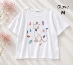 【グローブ】猫刺繍Tシャツ M 白 ゆったり 半袖 アニマル 可愛い カジュアルのサムネイル