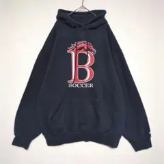 パーカー (L) プリントデザイン プルオーバー 刺繍ロゴ 裏起毛 紺色系 古着