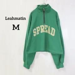 Leahmatin トレーナー ショート スウェット ハーフジップ グリーン M