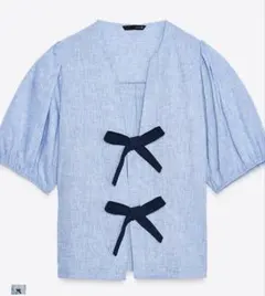 極美品　ZARA リネンリボン付きブラウス Sサイズ