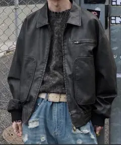 Perushu ビンテージライク合成皮革フライトジャケット ブラック L