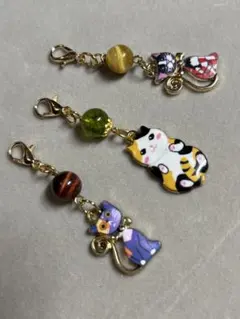 天然石★ネコチャーム★ハンドメイド★３点セット★お買い得