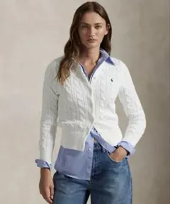 極美品✨ポロラルフローレン ケーブルニットコットンクルーネックカーディガン 白