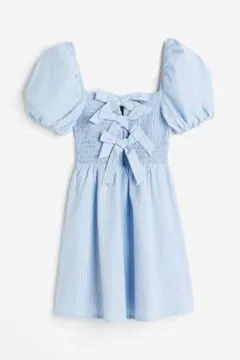 水色ストライプパフスリーブミニワンピース