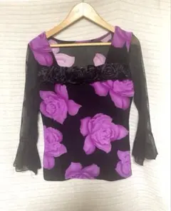 花柄トップス 長袖 シースルー袖 スクエアネック パープル ブラック　未使用