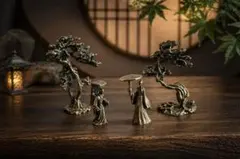 和風ミニ庭園 4点セット｜盆栽×人物オブジェ｜高さ約3〜6cm｜玄関・デスク用