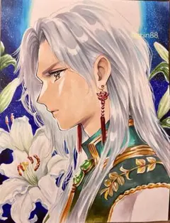 手描きオリジナルイラスト オリエンタル銀髪のイケメンイラスト3のサムネイル