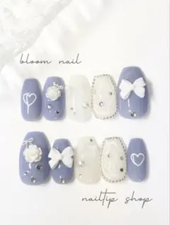 ワンホンネイル ブルーネイル リボン ハート バラ ネイルチップサイズオーダー