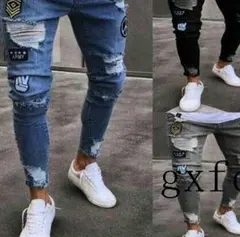 メンズ ダメージ デニムパンツ ジーンズ スキニー ストレッチ ワッペン=k4