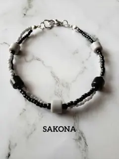 ブラック　グレー　 大ビーズブレスレット ハンドメイド