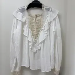 ZARA フリル付きホワイトブラウス　Lサイズ