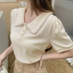 ♡パール付き襟のクリーム色半袖ニット♡