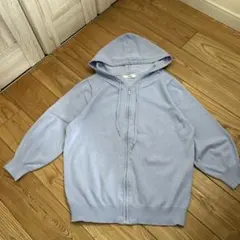フード付きジップアップパーカー カーディガン ライトブルー L 7分袖